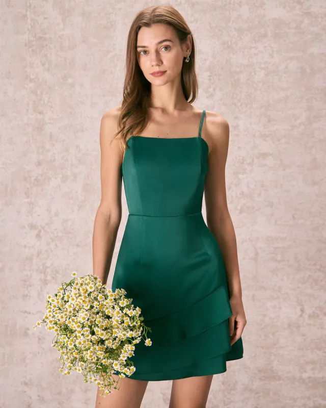 The Green Satin Ruffle Hem Slip Mini Dress sold by rihoas