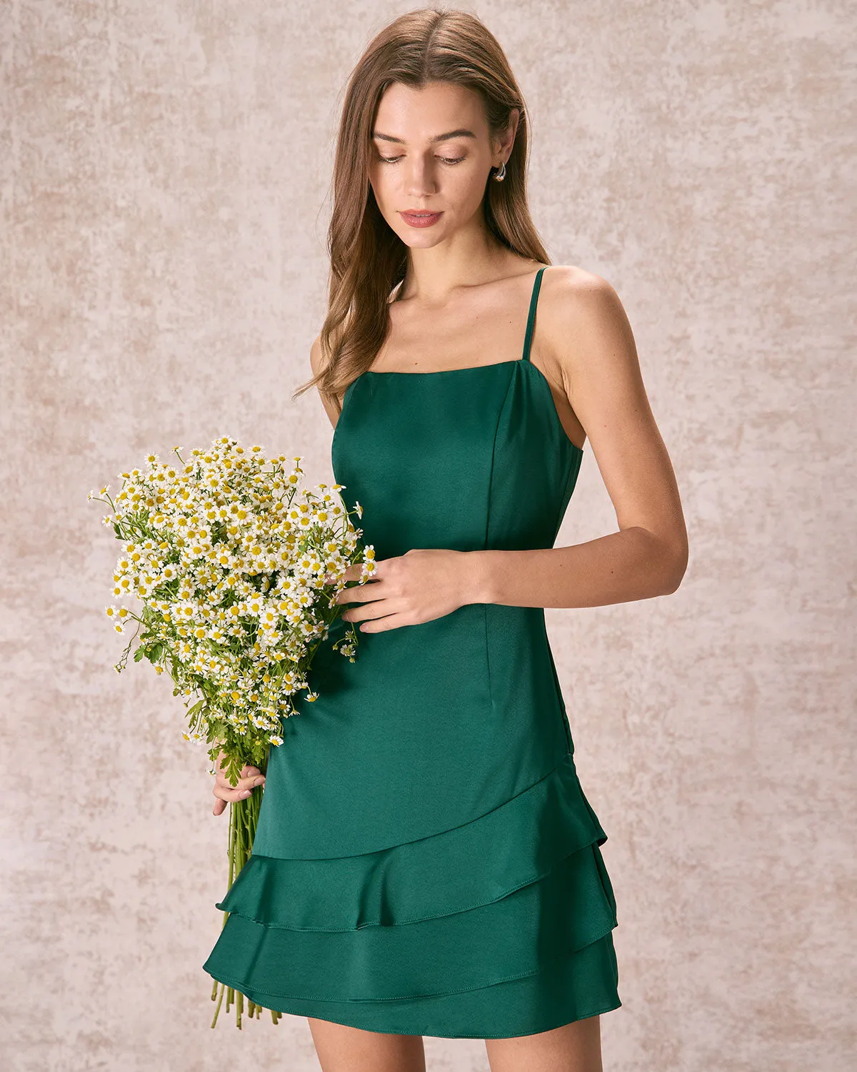 The Green Satin Ruffle Hem Slip Mini Dress sold by rihoas product image thumbnail 5