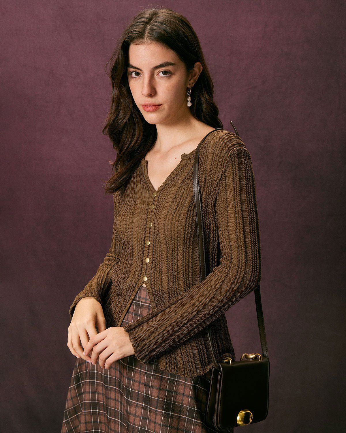 The Coffee V Neck Button Pointelle Knit Top sold by rihoas product image thumbnail 3