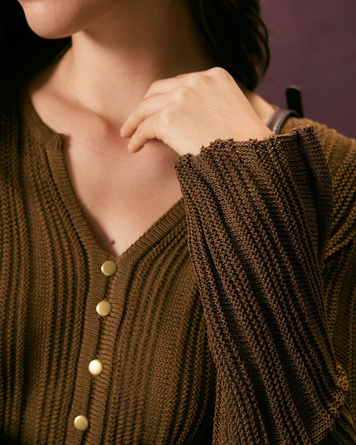 The Coffee V Neck Button Pointelle Knit Top sold by rihoas product image thumbnail 4