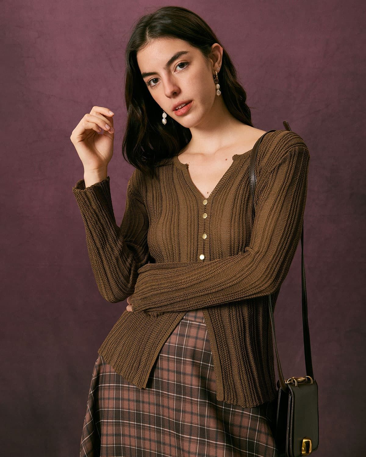 The Coffee V Neck Button Pointelle Knit Top sold by rihoas