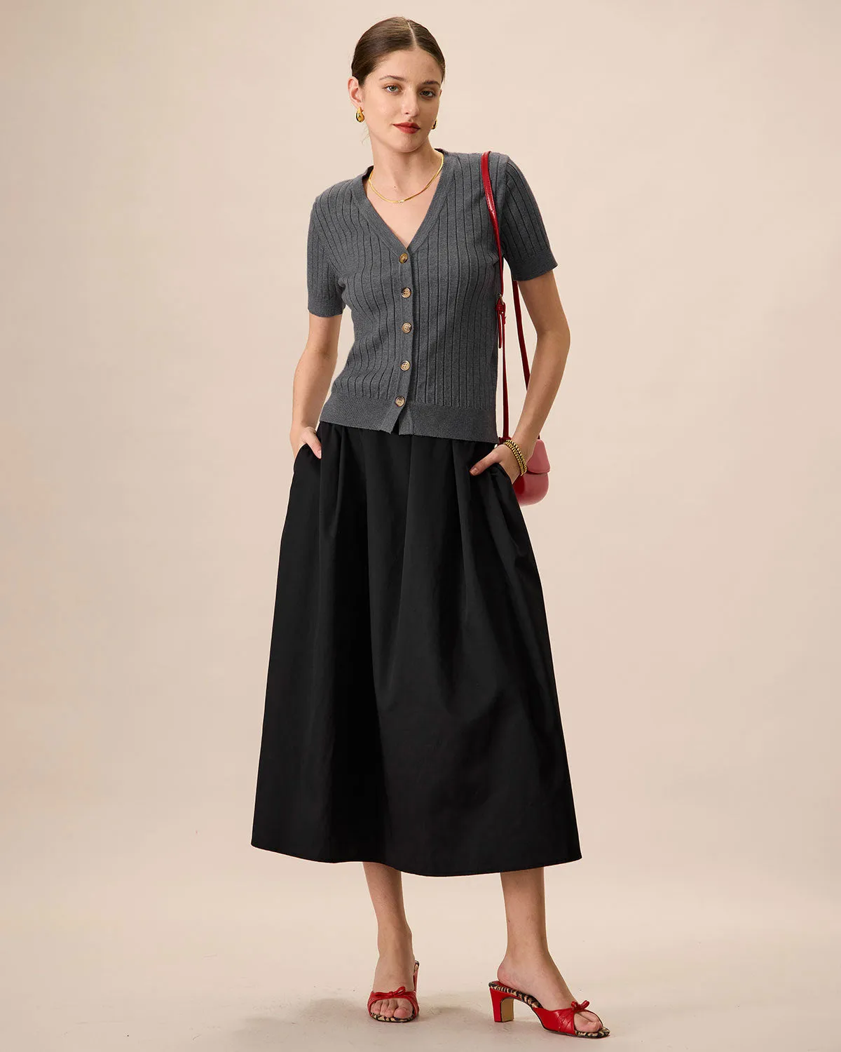 Women's Grey V-Neck Slim Ribbed Knit Top sold by rihoas product image thumbnail 3