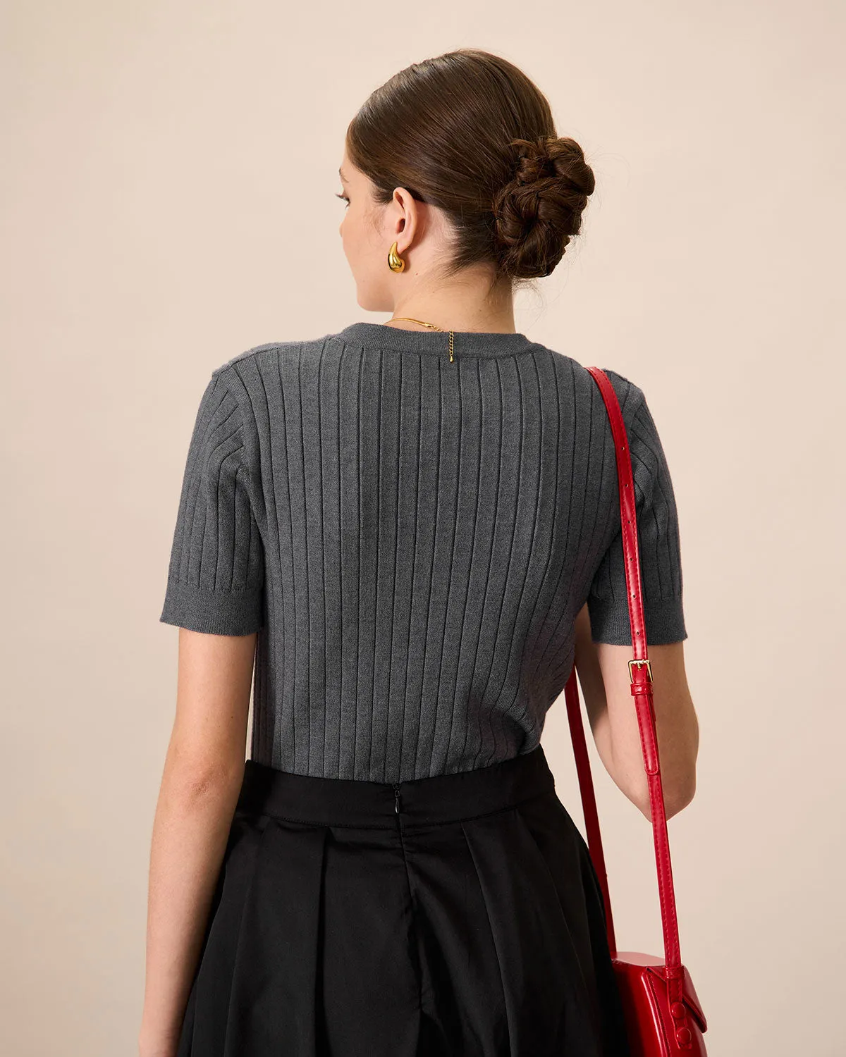 Women's Grey V-Neck Slim Ribbed Knit Top sold by rihoas product image thumbnail 4