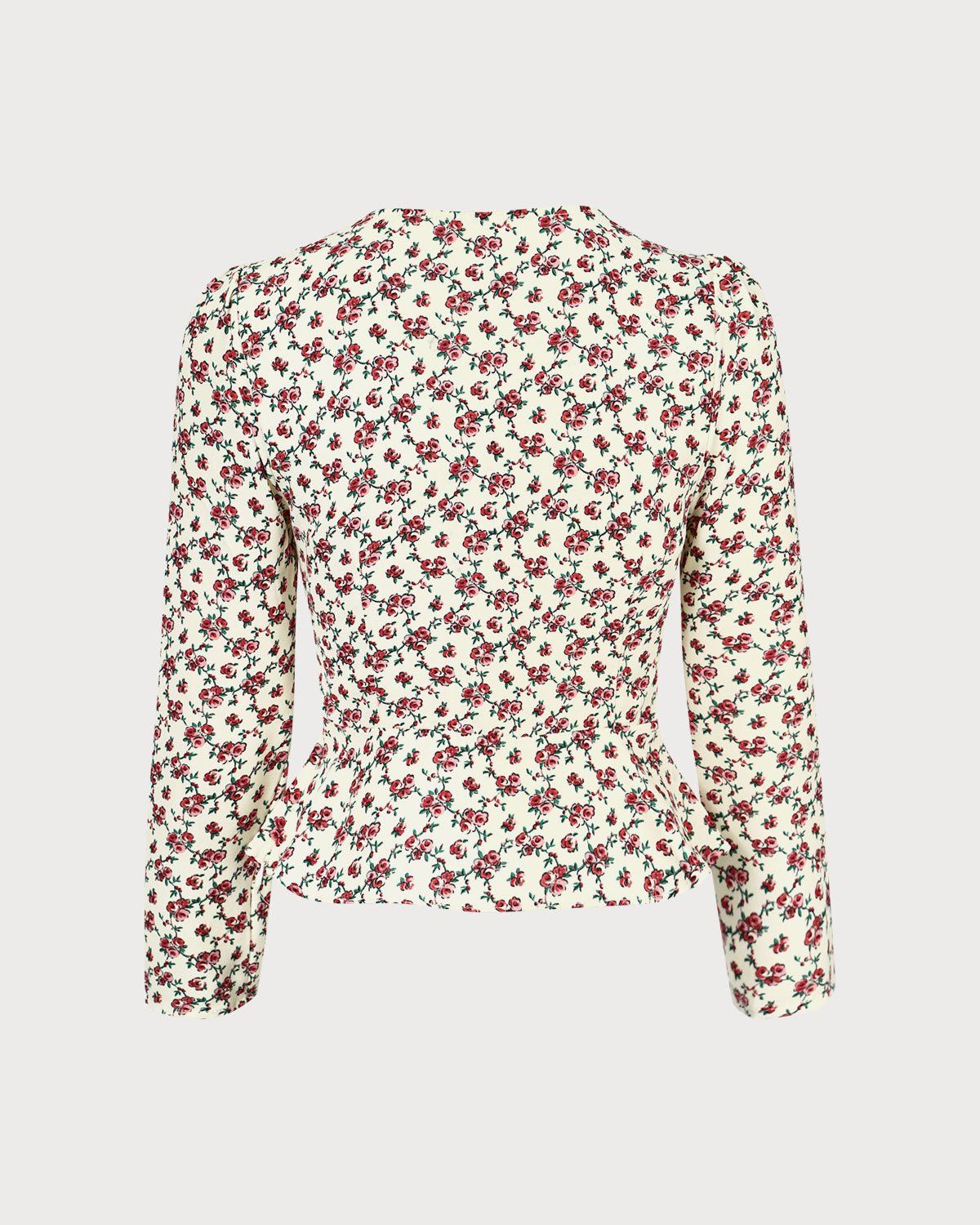 The Beige V Neck Floral Button Up Blouse sold by rihoas product image thumbnail 3