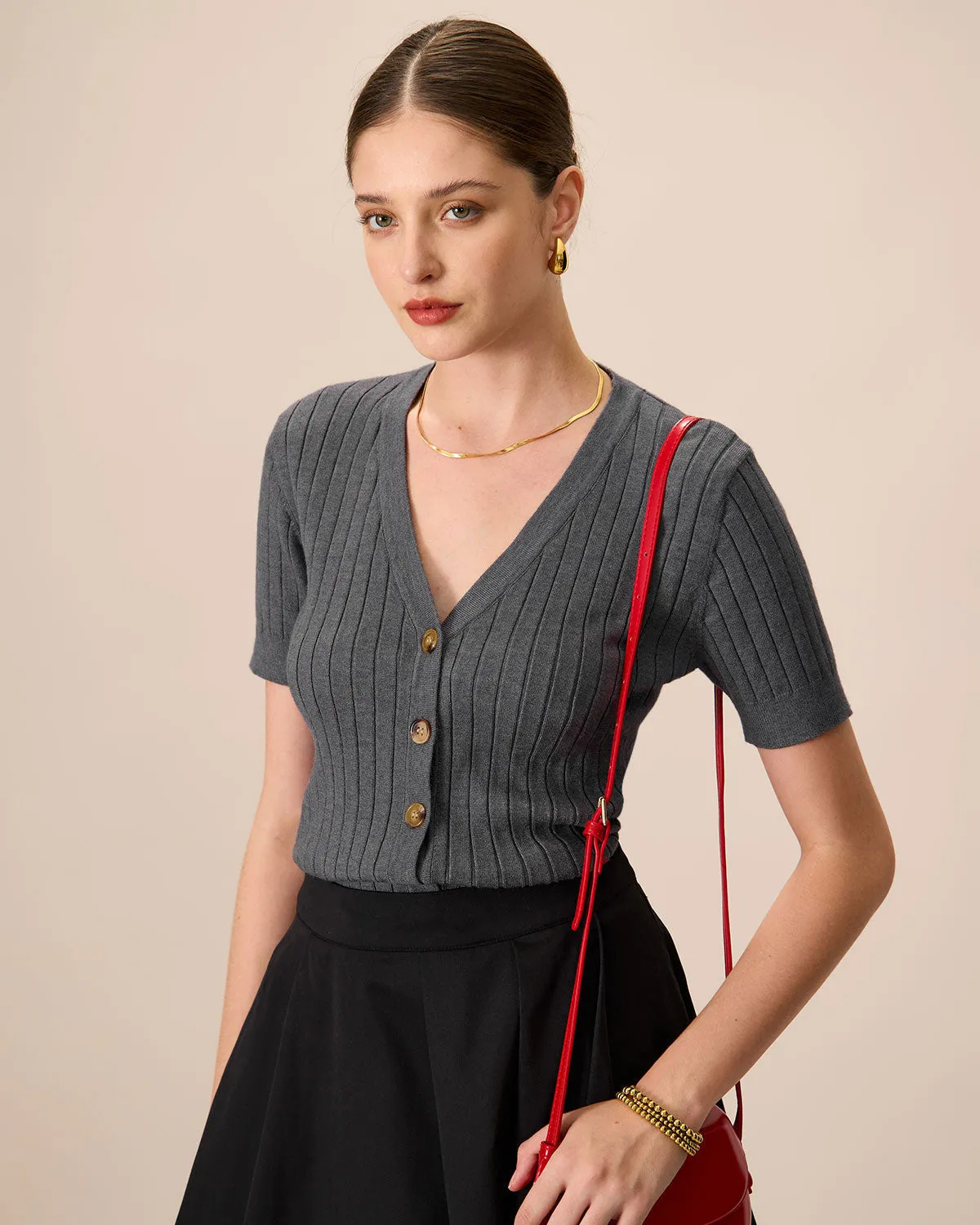 Women's Grey V-Neck Slim Ribbed Knit Top sold by rihoas
