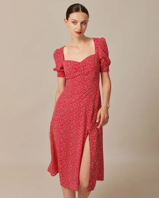 The Red Sweetheart Neck Floral Midi Dress sold by rihoas
