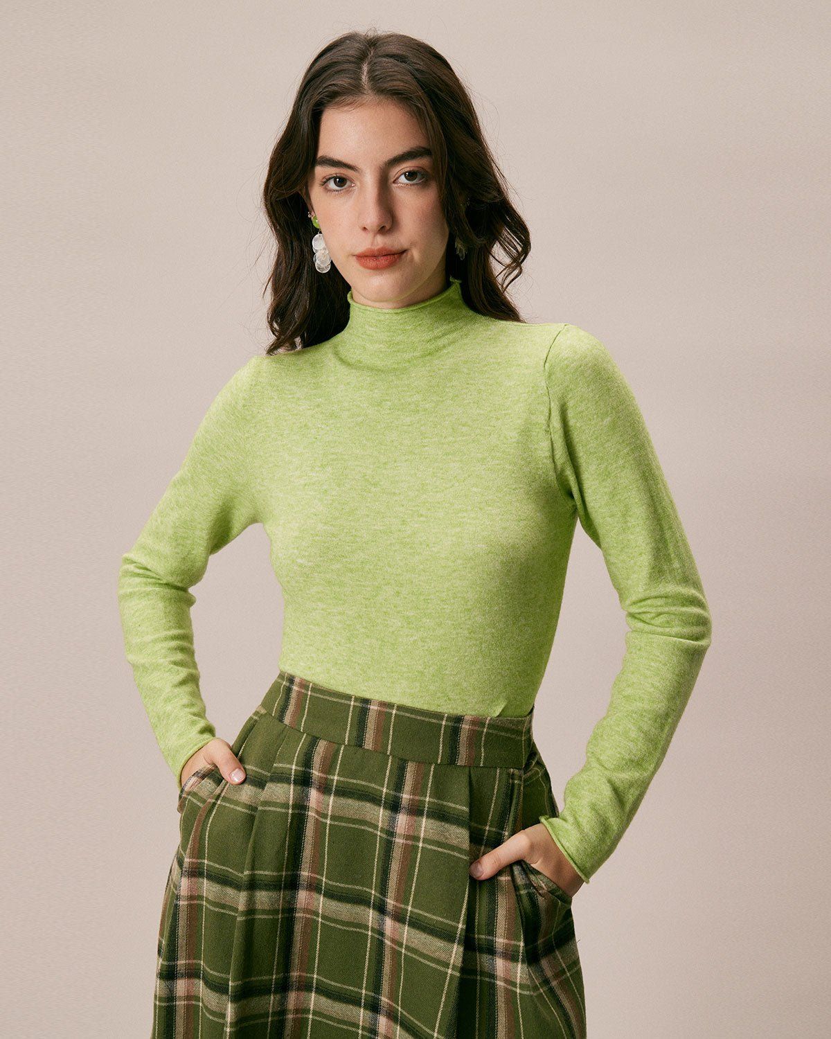 The Green Mock Neck Long Sleeve Knit Top sold by rihoas