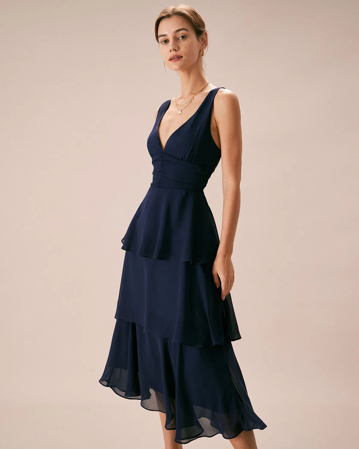 The Navy V Neck Ruffle Layered Midi Dress sold by rihoas product image thumbnail 4