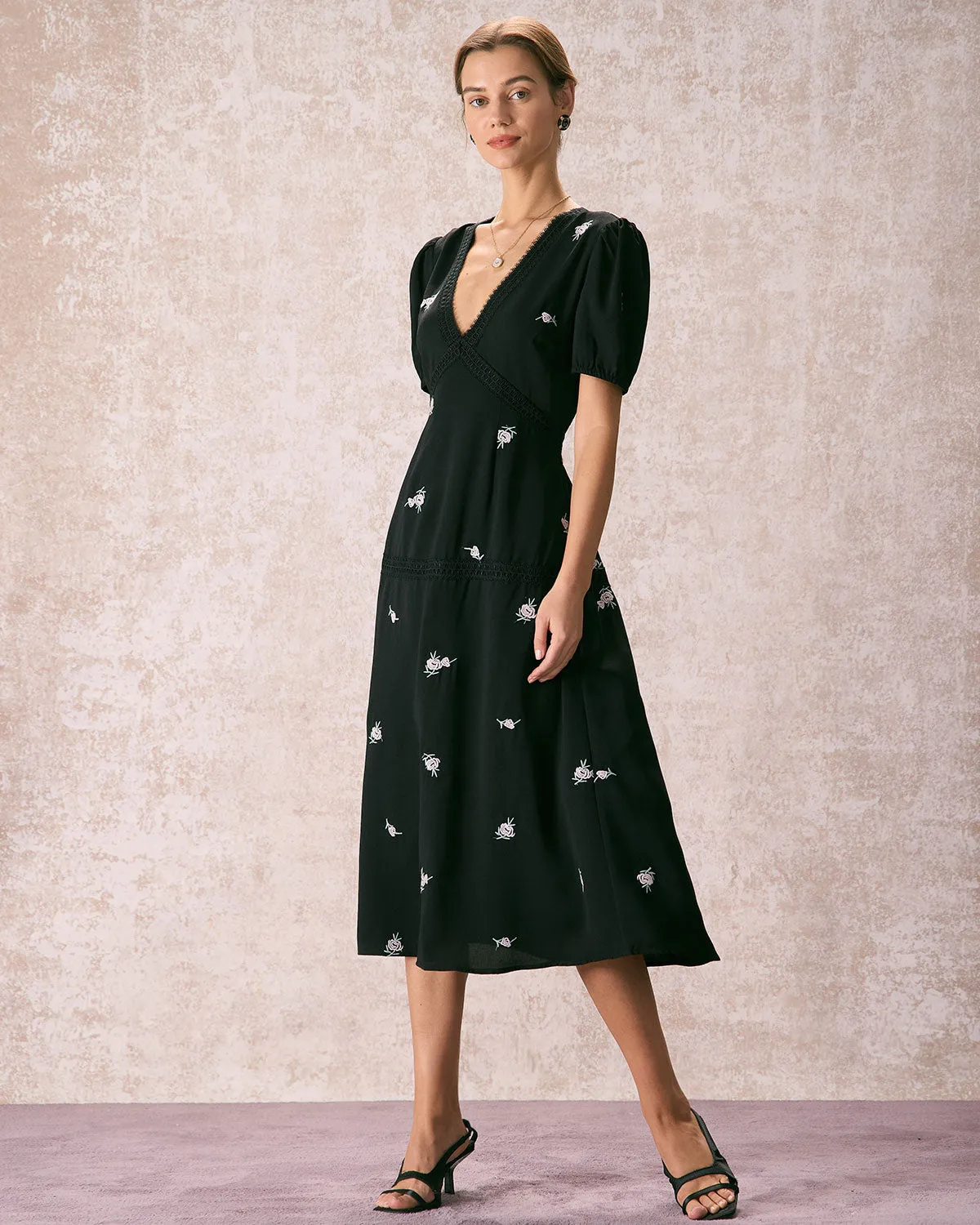 The Black V Neck Embroidery Floral Midi Dress sold by rihoas product image thumbnail 4