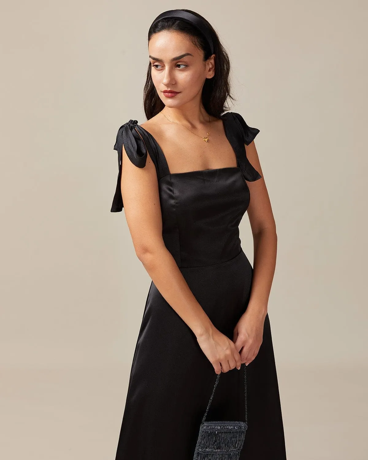 The Black Tie Strap Satin Maxi Dress sold by rihoas product image thumbnail 3