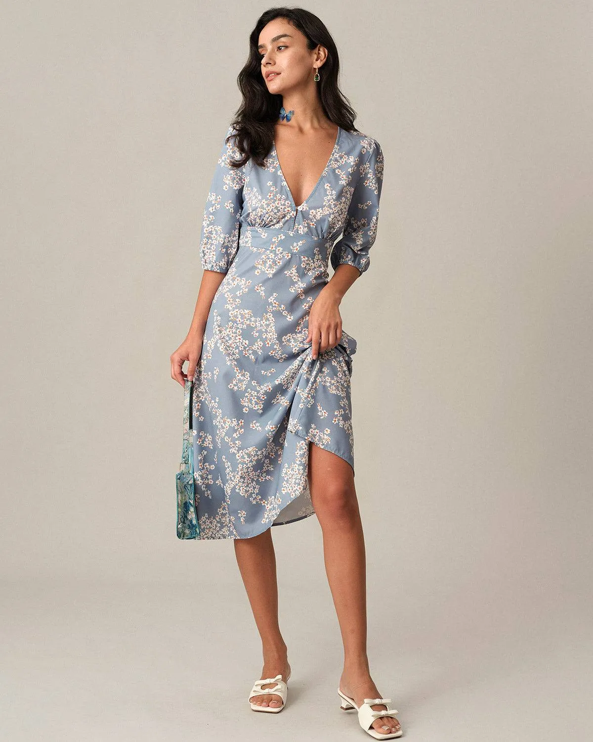 The V Neck Floral Midi Dress sold by rihoas product image thumbnail 4