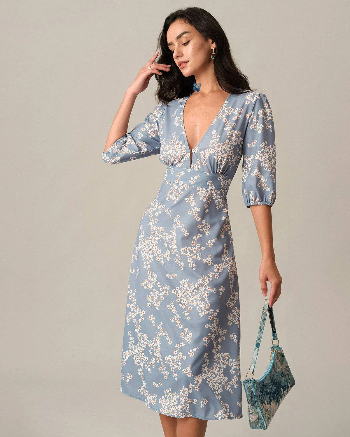 The V Neck Floral Midi Dress sold by rihoas product image thumbnail 2