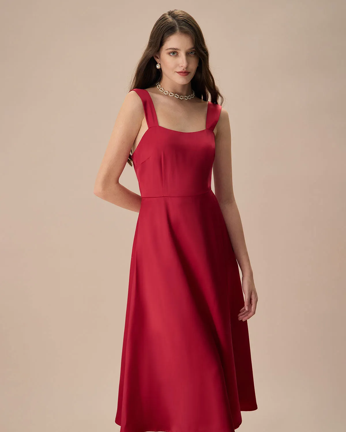 Women's Red Satin Slip Midi Dress sold by rihoas