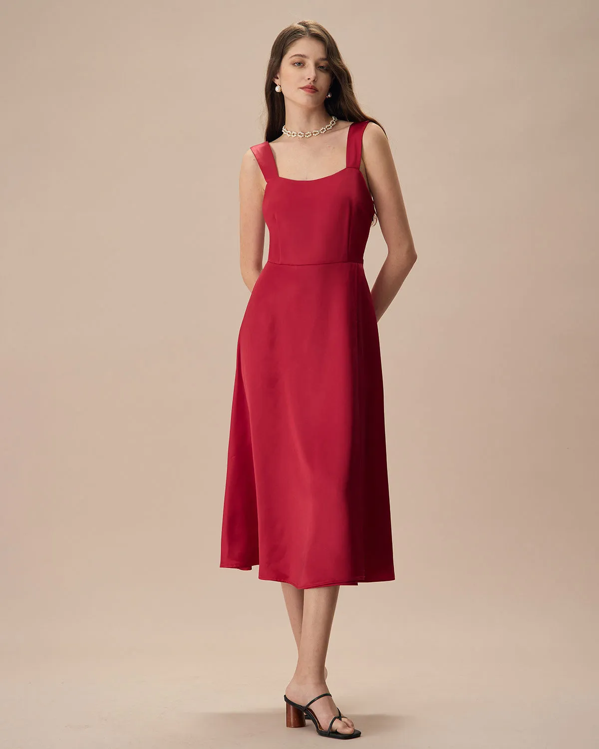 Women's Red Satin Slip Midi Dress sold by rihoas product image thumbnail 4