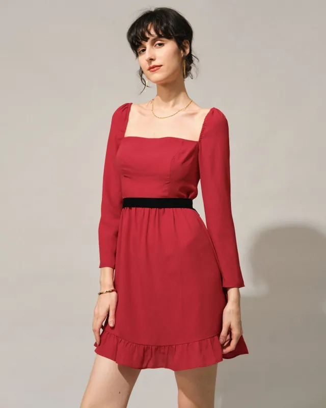 The Red Square Neck Flounce Long Sleeve Mini Dress sold by rihoas
