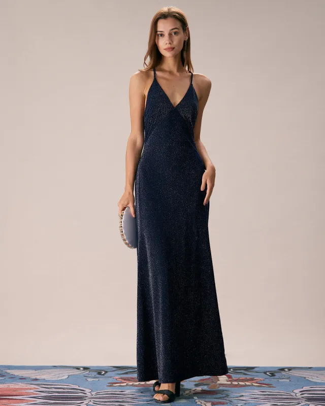 The Navy V Neck Cross Back Lurex Maxi Dress sold by rihoas