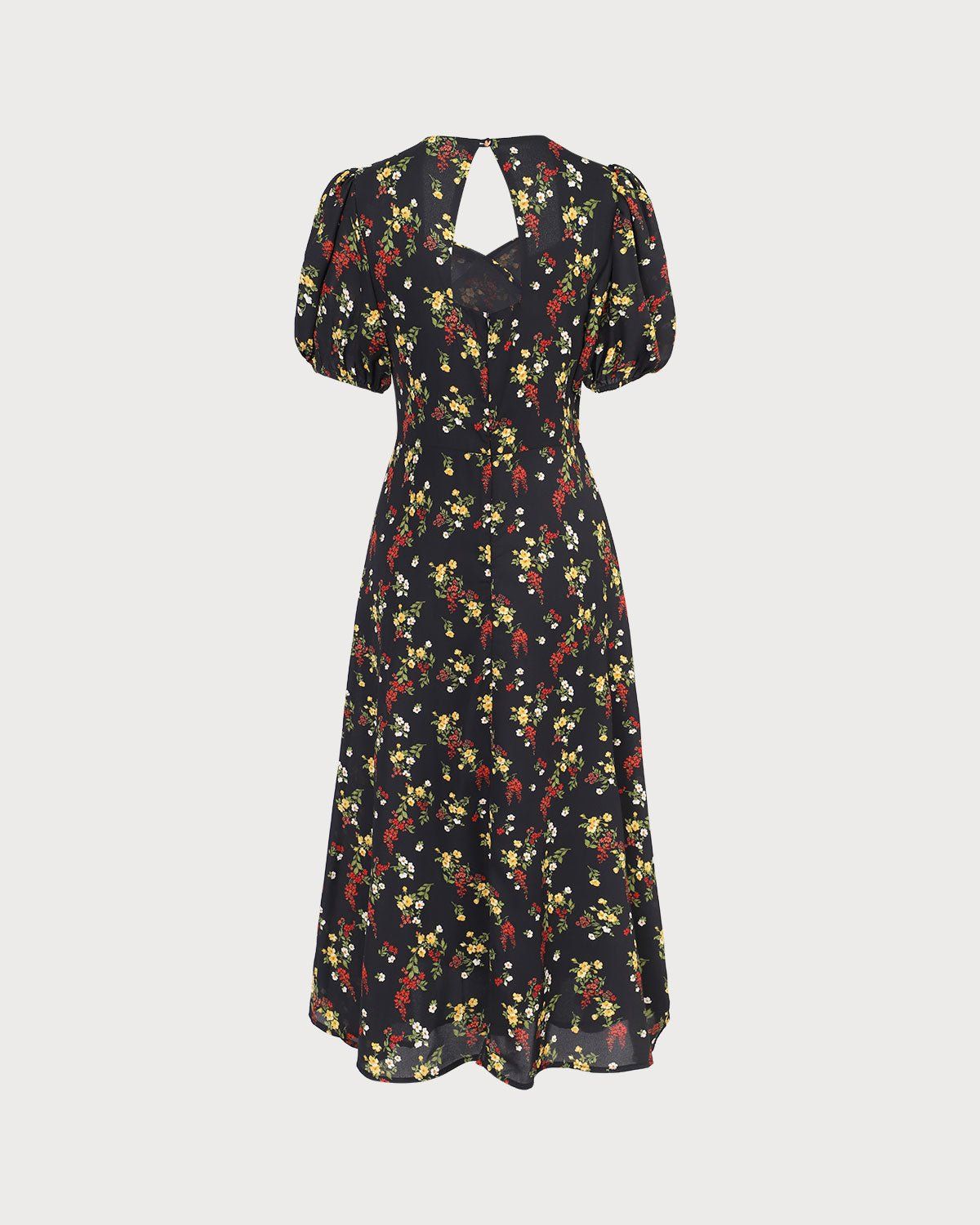 The Black Floral Cutout Puff Sleeve Midi Dress sold by rihoas product image thumbnail 3