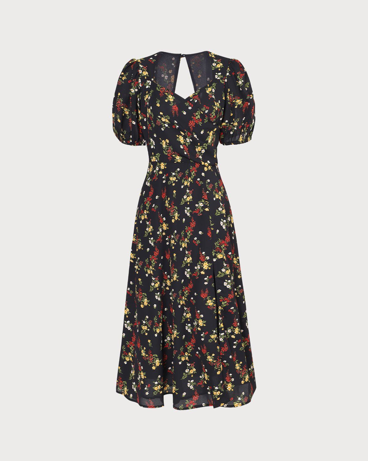 The Black Floral Cutout Puff Sleeve Midi Dress sold by rihoas