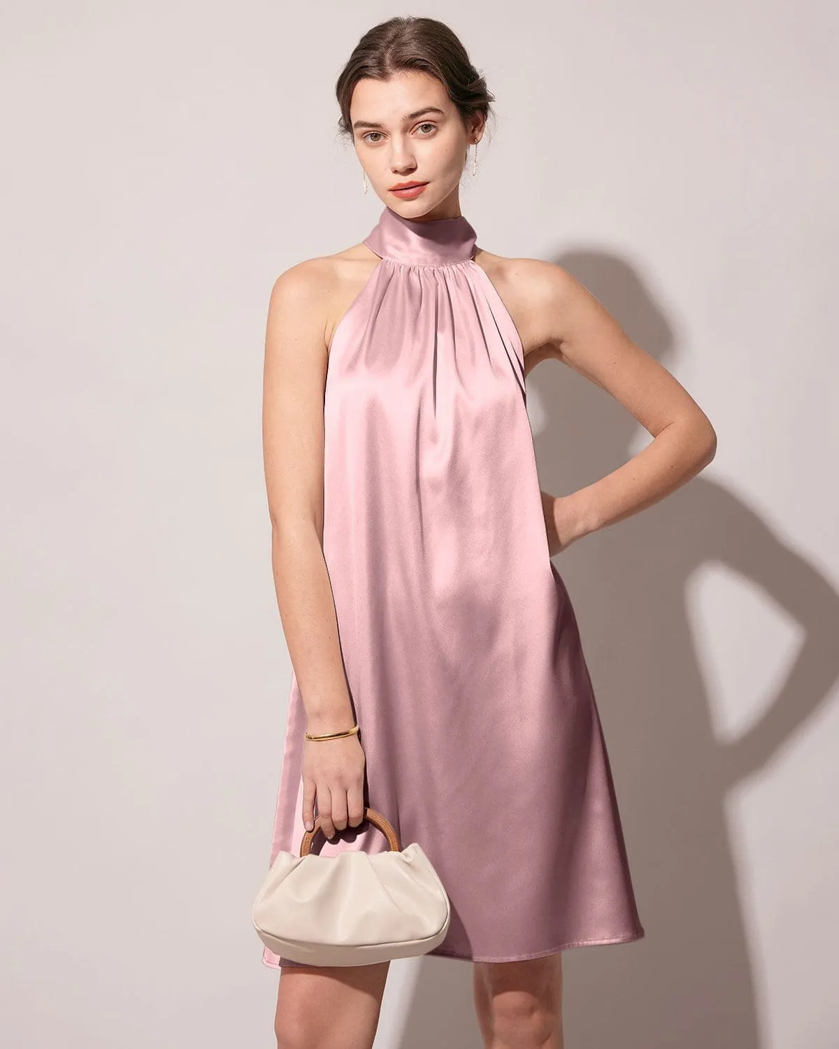 The Pink Halter Satin A-line Mini Dress sold by rihoas