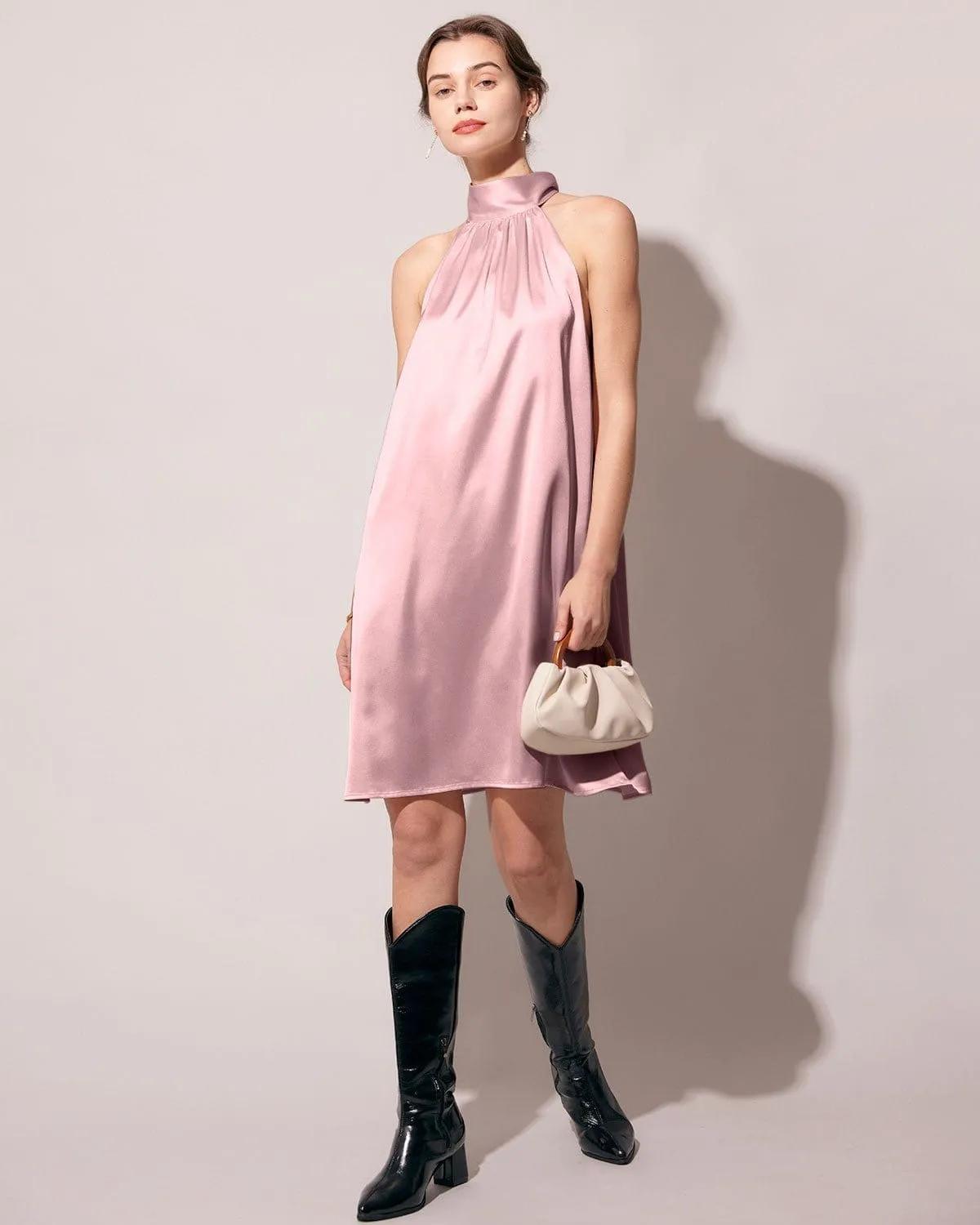 The Pink Halter Satin A-line Mini Dress sold by rihoas product image thumbnail 2