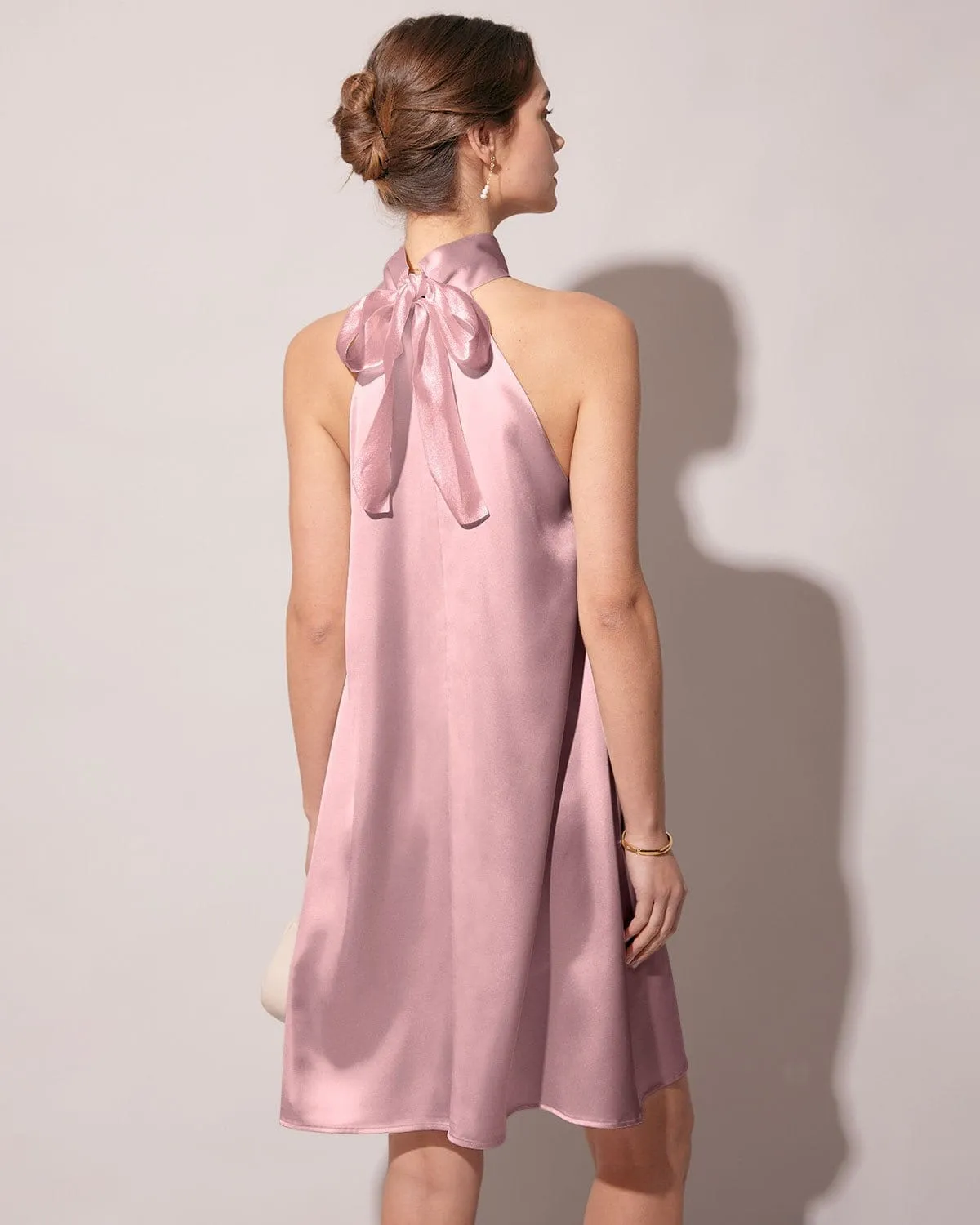 The Pink Halter Satin A-line Mini Dress sold by rihoas product image thumbnail 3