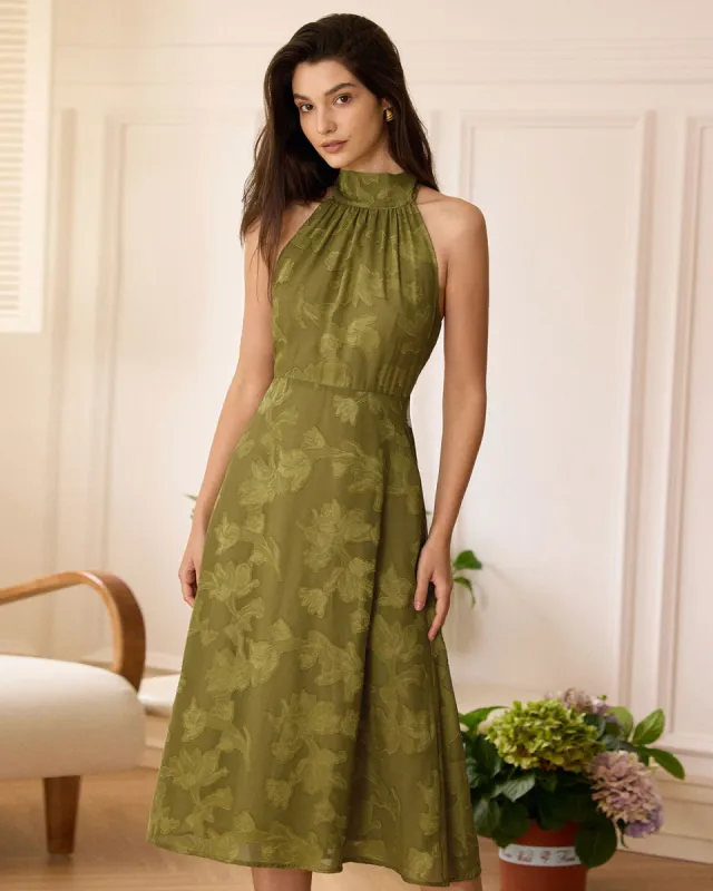 The Green Jacquard Ruched Halter Midi Dress sold by rihoas