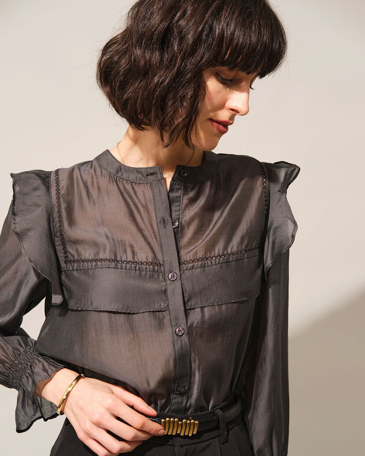 The Grey Round Neck Ruffle Long Sleeve Sheer Blouse sold by rihoas product image thumbnail 2
