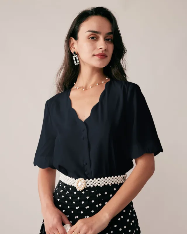 The Navy Ruffle Neckline Pearl Button Shirt sold by rihoas