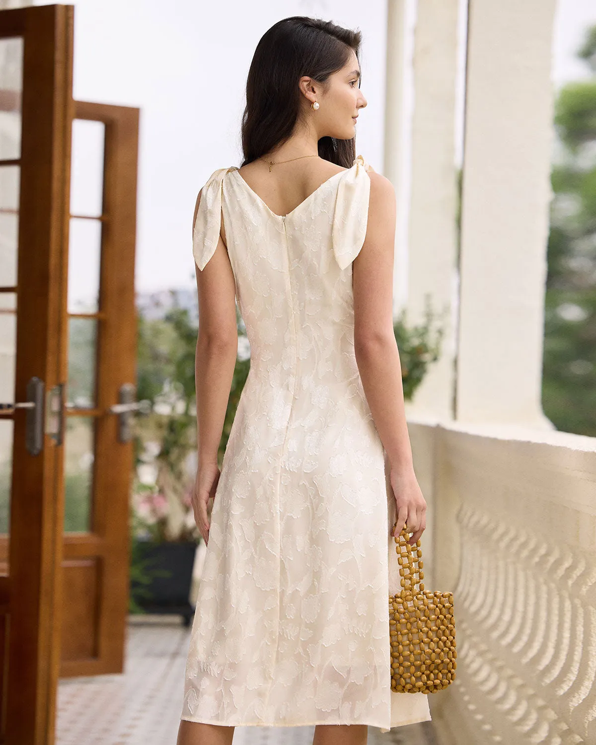The Beige V Neck Jacquard Midi Dress sold by rihoas product image thumbnail 5