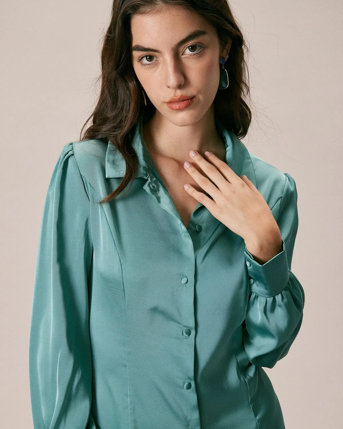 The Green Lapel Button Satin Shirt Mini Dress sold by rihoas product image thumbnail 2