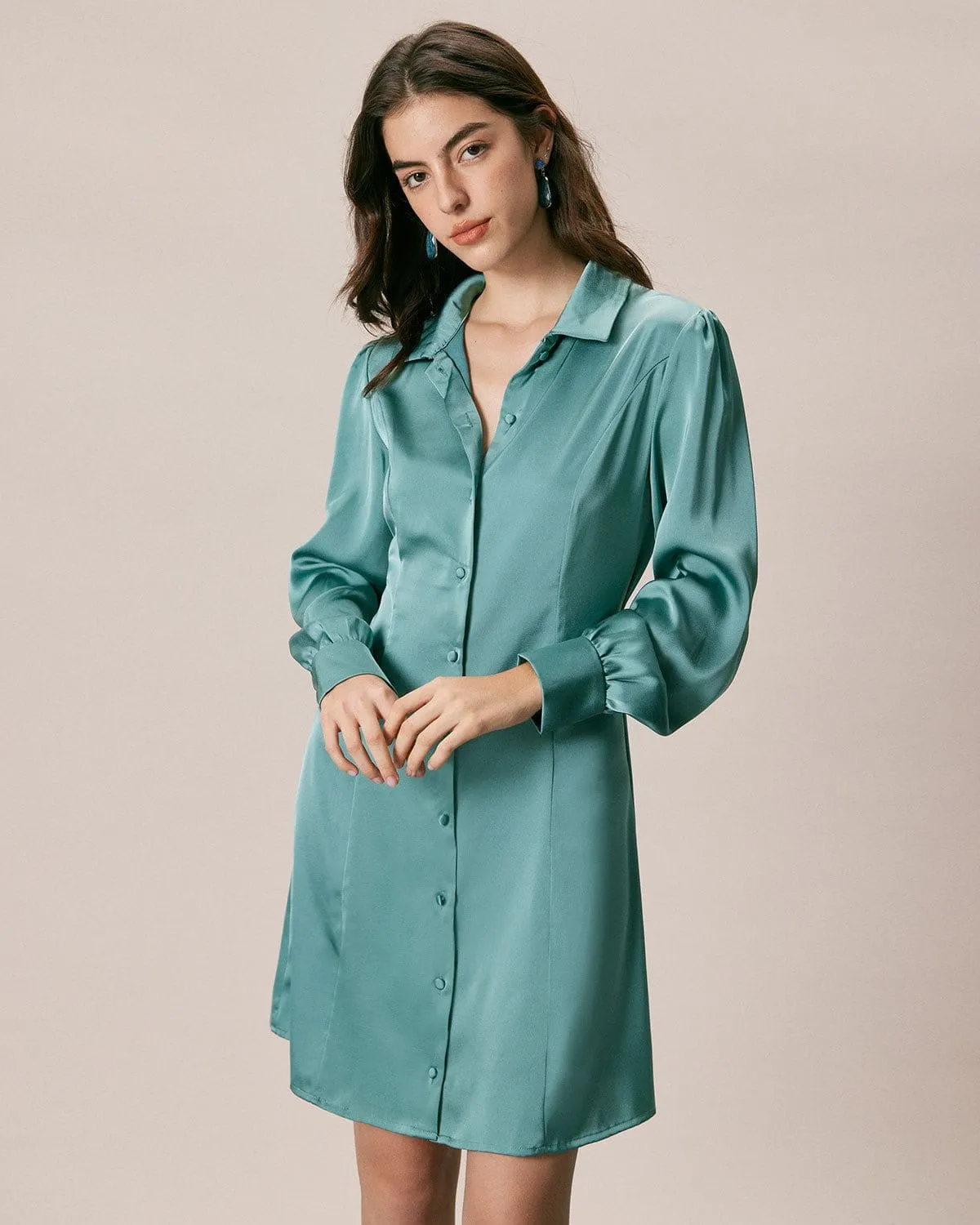 The Green Lapel Button Satin Shirt Mini Dress sold by rihoas