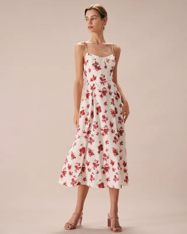 The Red Floral Sweetheart Neck Midi Dress sold by rihoas