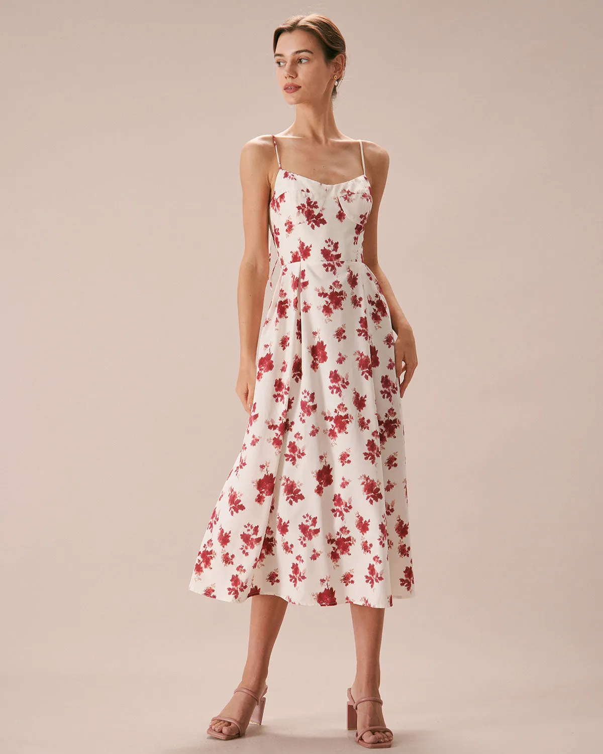 The Red Floral Sweetheart Neck Midi Dress sold by rihoas