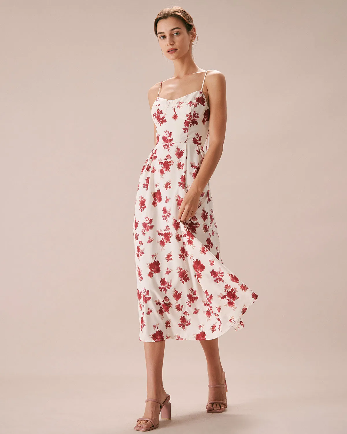 The Red Floral Sweetheart Neck Midi Dress sold by rihoas product image thumbnail 5
