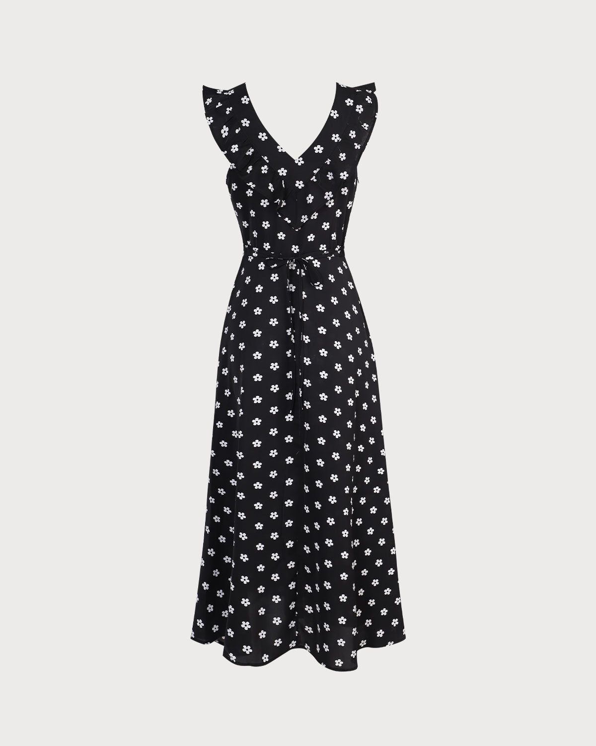 The Black Round Neck Floral Ruffle Midi Dress sold by rihoas product image thumbnail 3