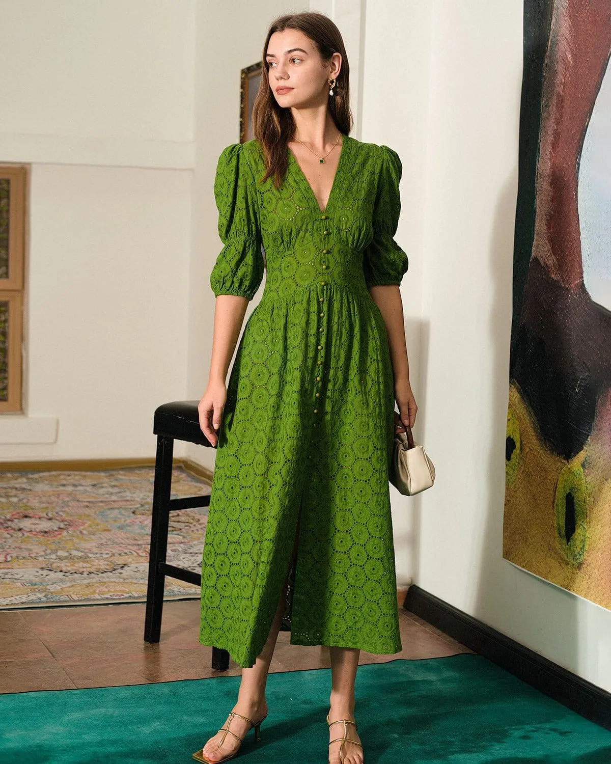 The Puff Sleeve Cutout Slit Maxi Dress sold by rihoas product image thumbnail 3