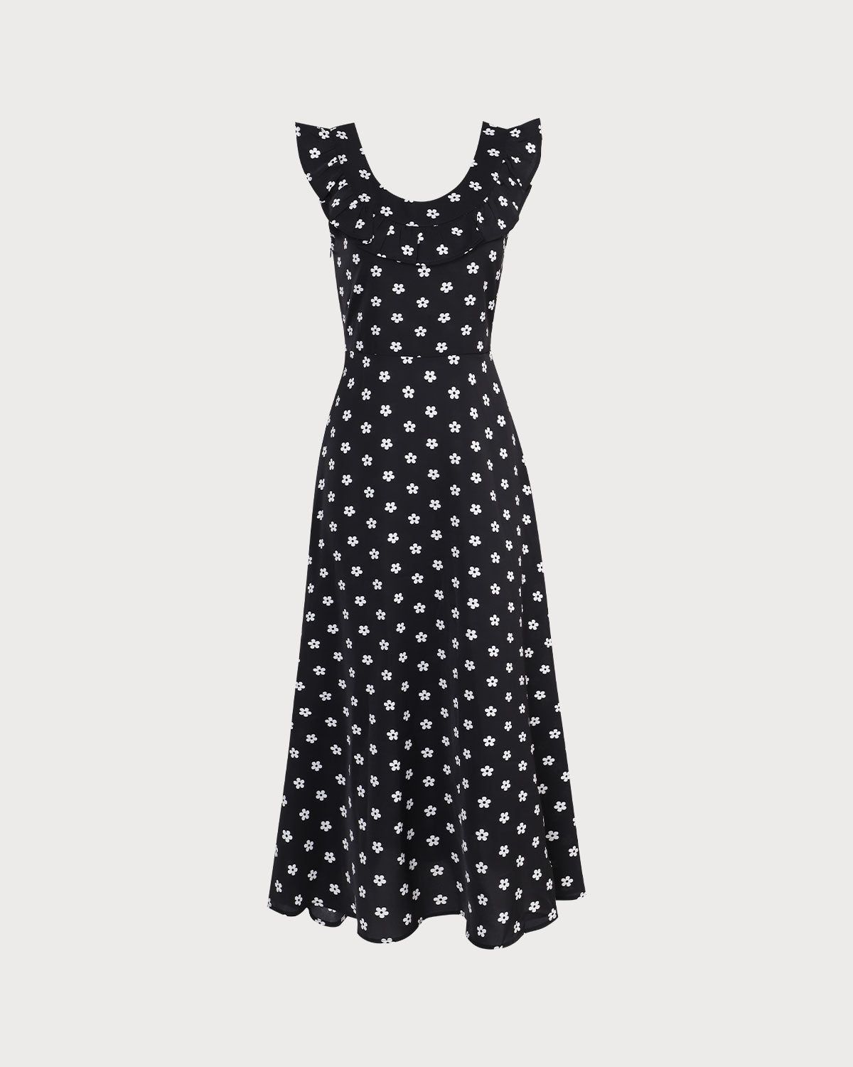 The Black Round Neck Floral Ruffle Midi Dress sold by rihoas