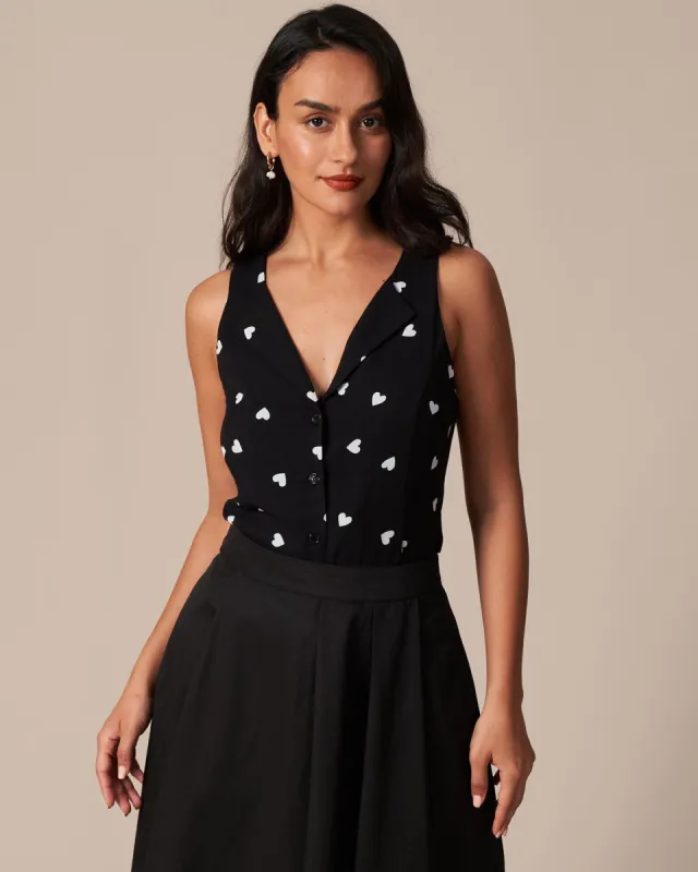 The Black V Neck Heart Pattern Tie Back Vest sold by rihoas