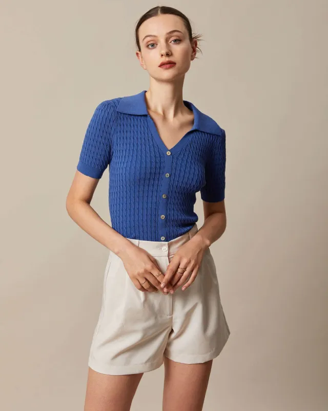 The Navy V Neck Pointelle Ribbed Knit Top sold by rihoas