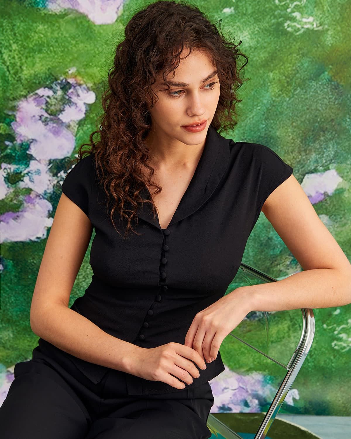 The Black V Neck Button Raglan Sleeve Shirt sold by rihoas product image thumbnail 8