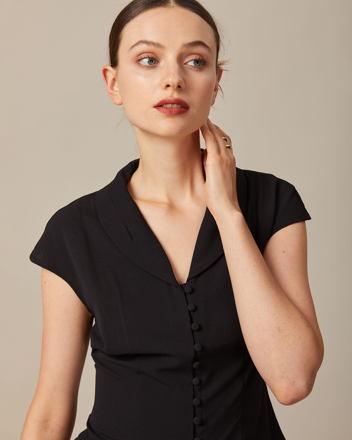 The Black V Neck Button Raglan Sleeve Shirt sold by rihoas product image thumbnail 4