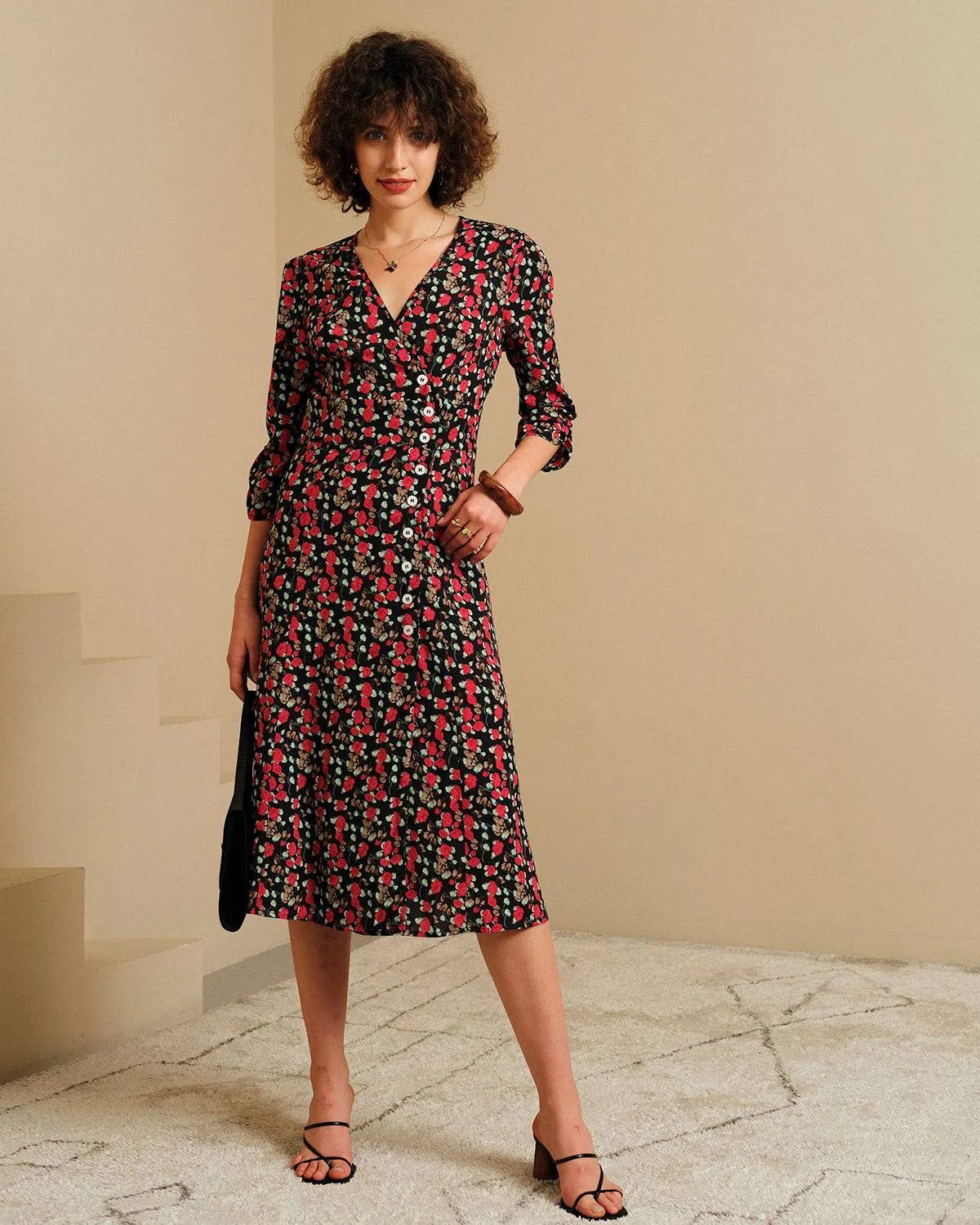 The V Neck Button Floral Midi Dress sold by rihoas product image thumbnail 3