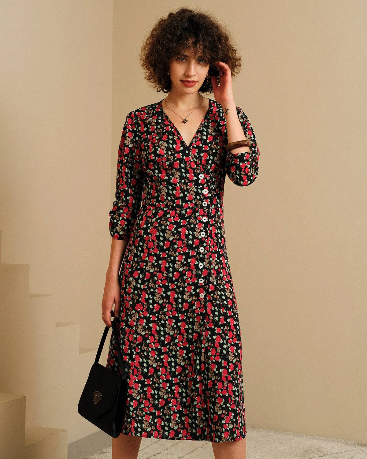 The V Neck Button Floral Midi Dress sold by rihoas product image thumbnail 2