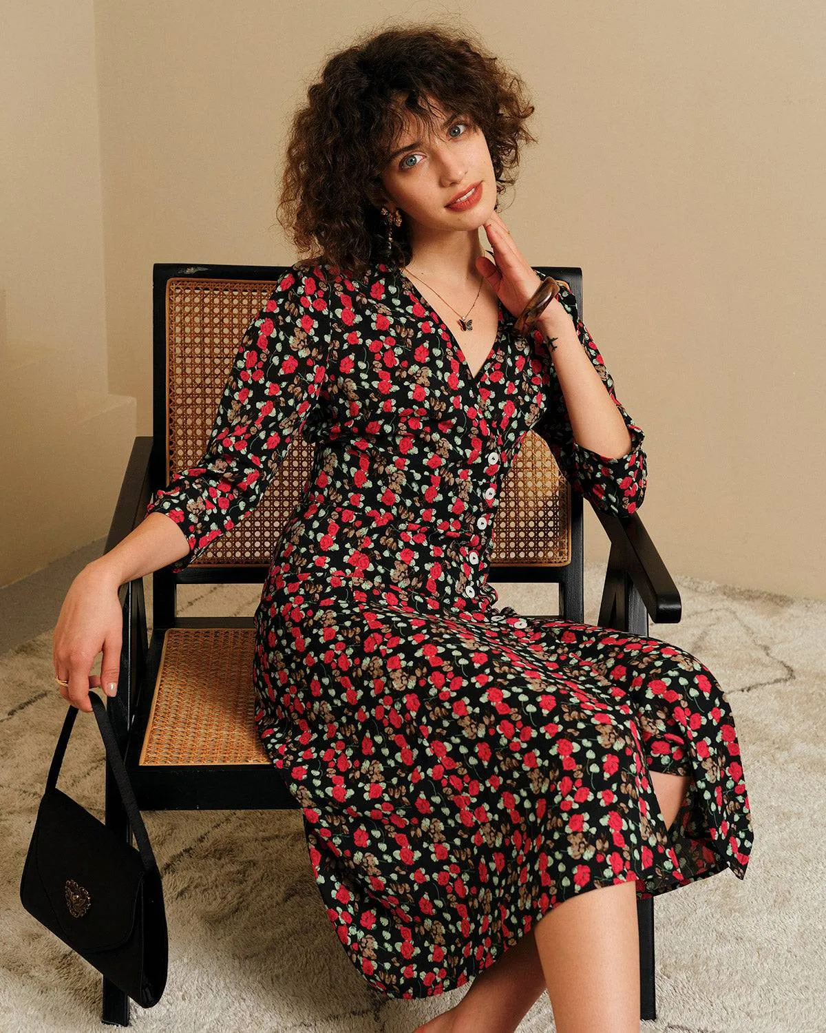 The V Neck Button Floral Midi Dress sold by rihoas
