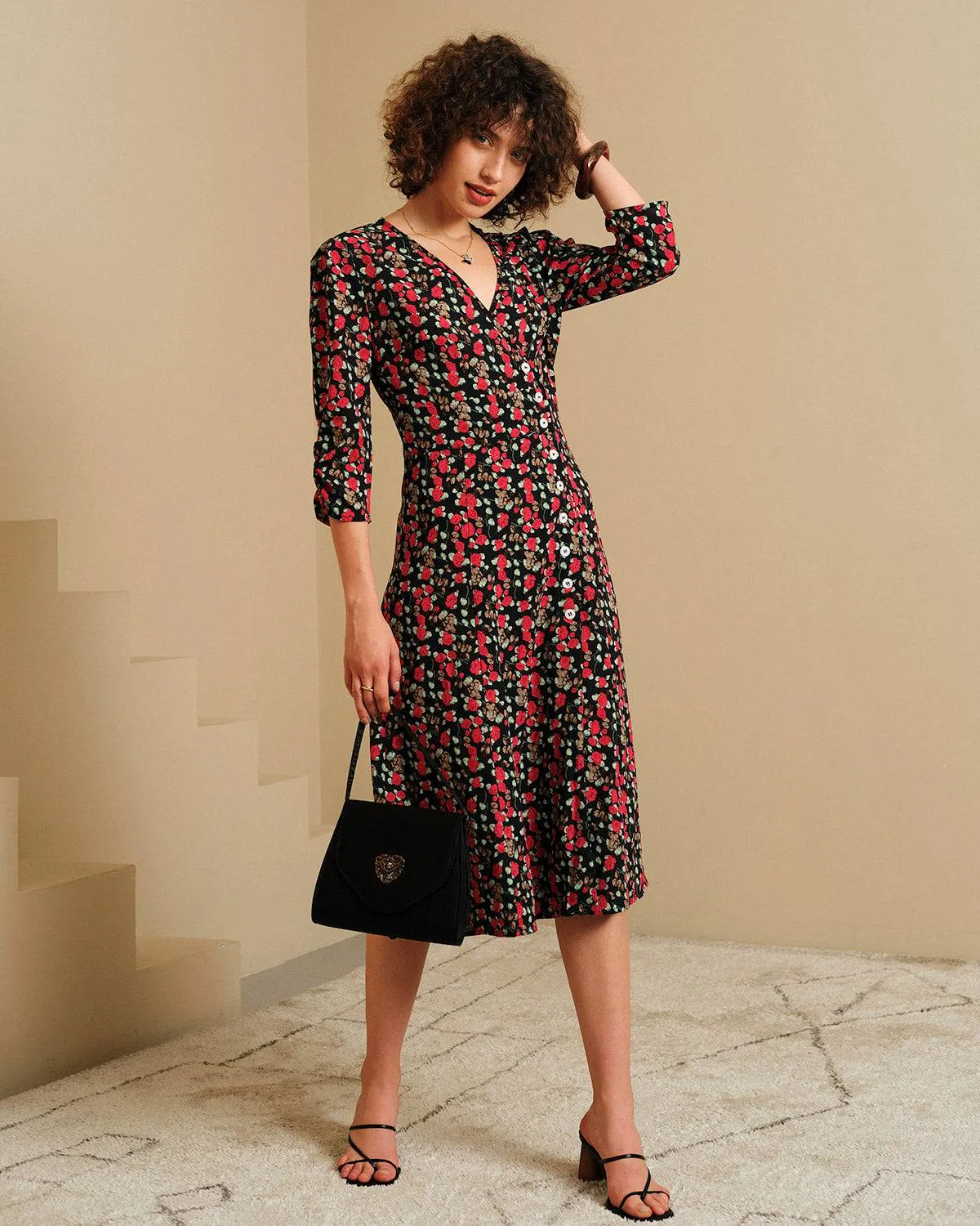 The V Neck Button Floral Midi Dress sold by rihoas product image thumbnail 4