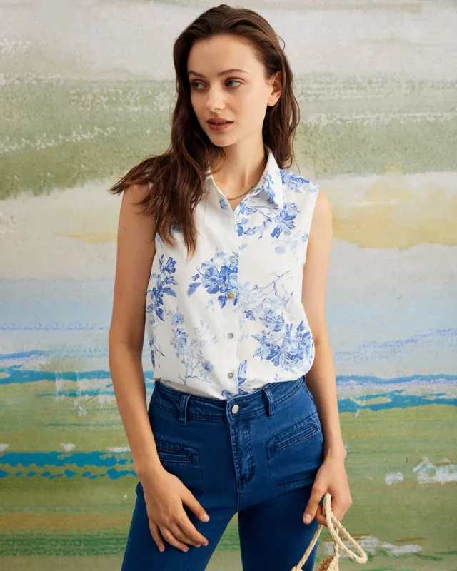 The Blue Shirt Collar Floral Button Blouse sold by rihoas