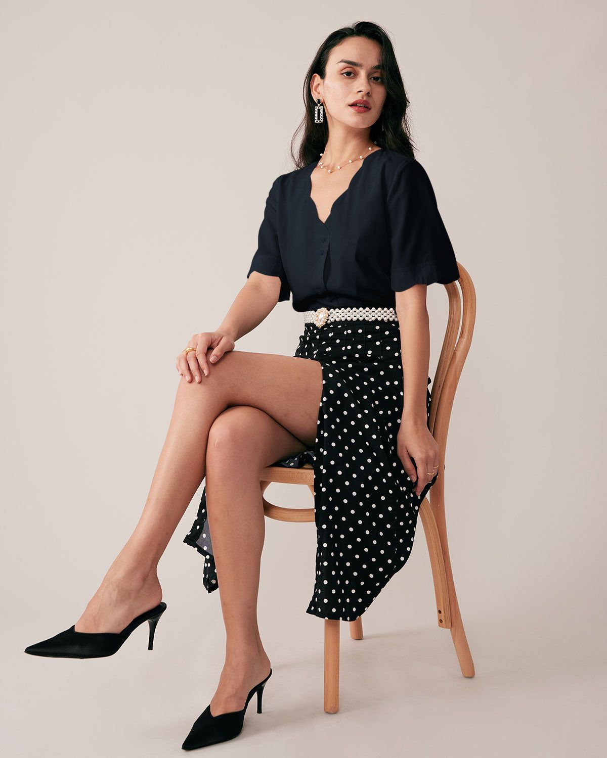 The Navy Ruffle Neckline Pearl Button Shirt sold by rihoas product image thumbnail 2