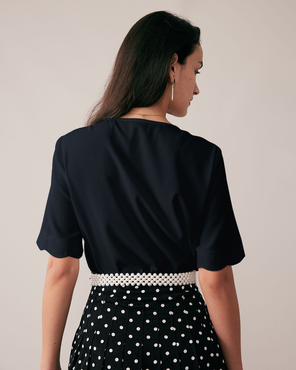 The Navy Ruffle Neckline Pearl Button Shirt sold by rihoas product image thumbnail 3