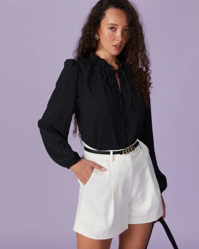 The Black Ruffled Polka Dot Lantern Sleeve Shirt sold by rihoas