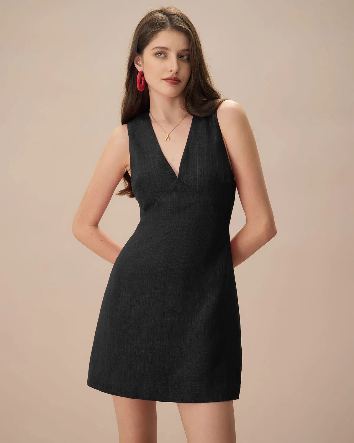 Women's Black V-Neck Sleeveless Mini Dress sold by rihoas product image thumbnail 3